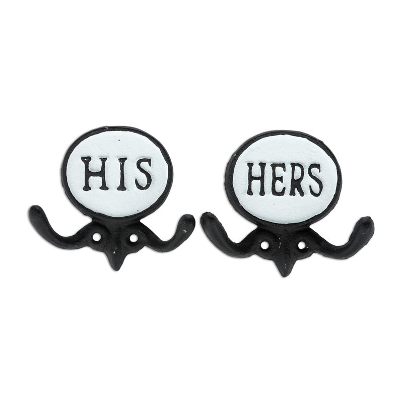 Wallcharmers Set of 2 His and Hers Towel Hooks for Bathrooms, Mr & Mrs. Farmhouse and Rustic Bathroom Hooks for Towels, Black & White - Image 1